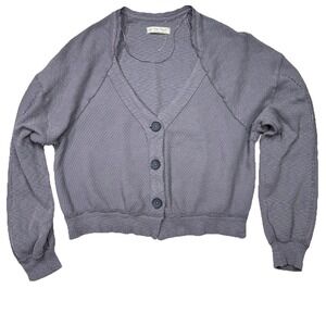 We The Free Shrug It Off Cropped Cardigan Grey Thermal Waffle Knit Button Up S